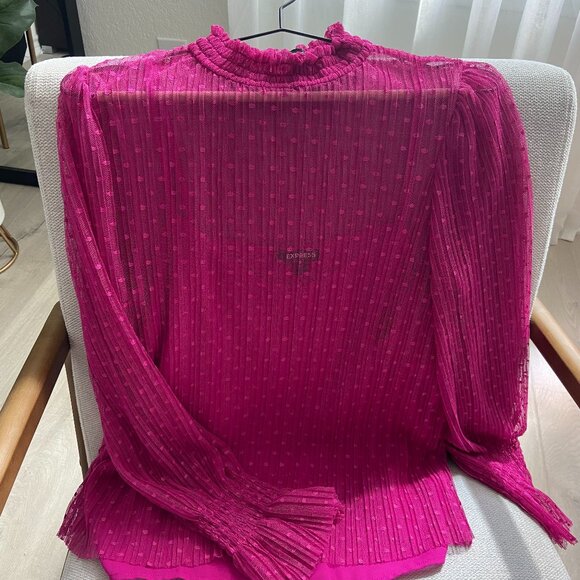 Classy Polka Dot EXPRESS Women's Top w/Camisole, Large Size Pink Mesh Dressy Top - Picture 3 of 15